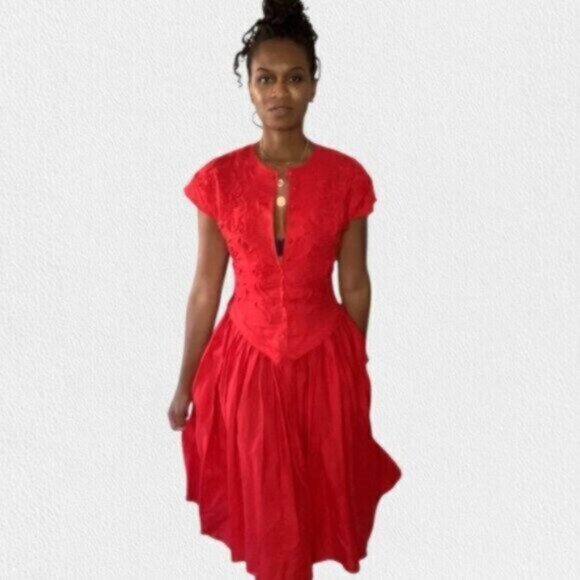 Allegra Red Vintage Midi/Maxi Cap Sleeve Dress - Picture 2 of 15